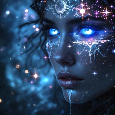 The primary subject of the image is a woman with blue eyes and a blue-green background. She has a unique and artistic appearance, with her eyes painted blue and her face adorned with a blue-green background. The visual style of the image is digital art, as it features a surreal and fantastical representation of the woman. The colors and mood of the image are vibrant and dreamy, creating a sense of wonder and imagination.